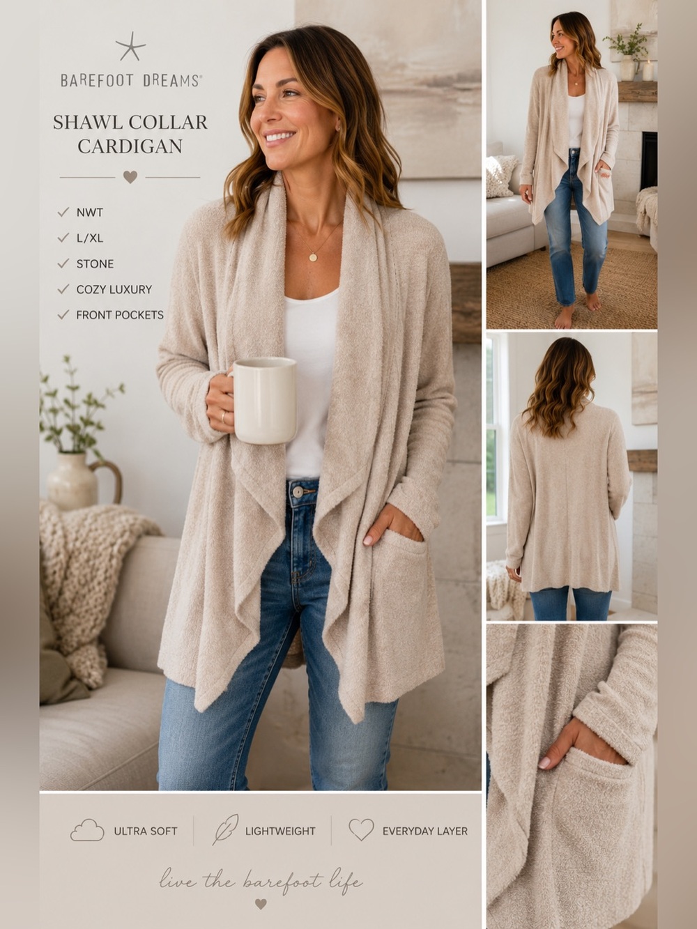 NWT Barefoot Dreams Shawl Collar Cardigan L/XL Stone Beige Cozy Luxe Drape Open‎